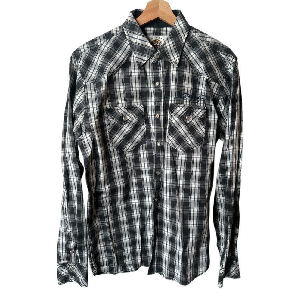 Ed Hardy Grey Plaid Button-up Pearl Snaps Double Pocket & Monogram Shirt Men's M